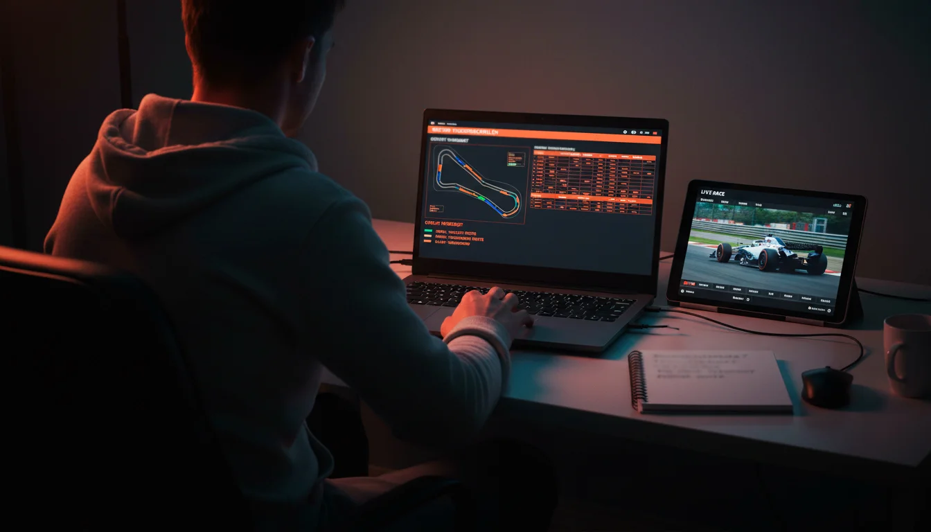 Persoon achter een laptop die Formule 1-data analyseert met sectortijden en racestatistieken op het scherm