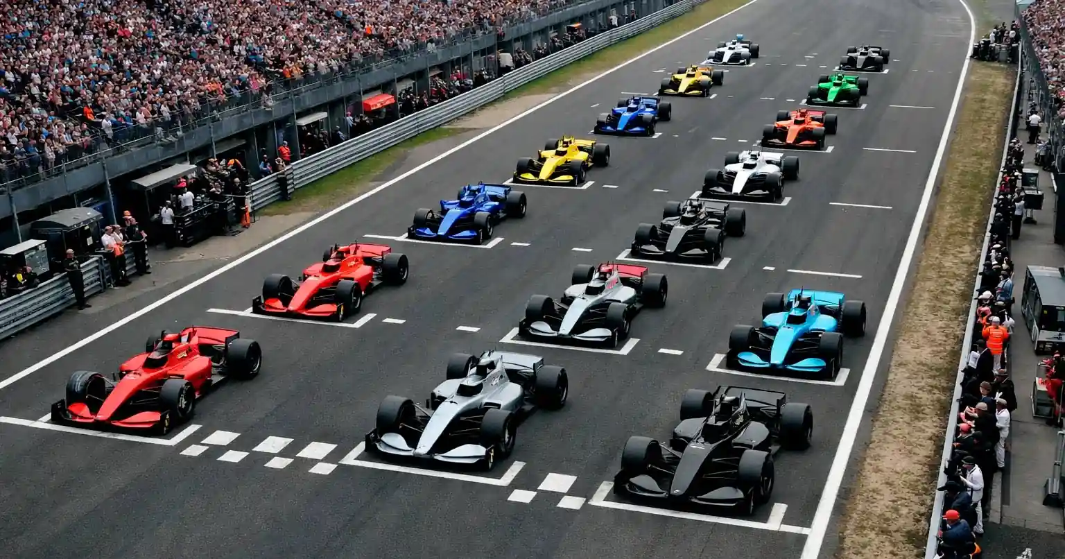 Startgrid van een Formule 1-race met twintig auto's klaar voor de start op een permanent circuit